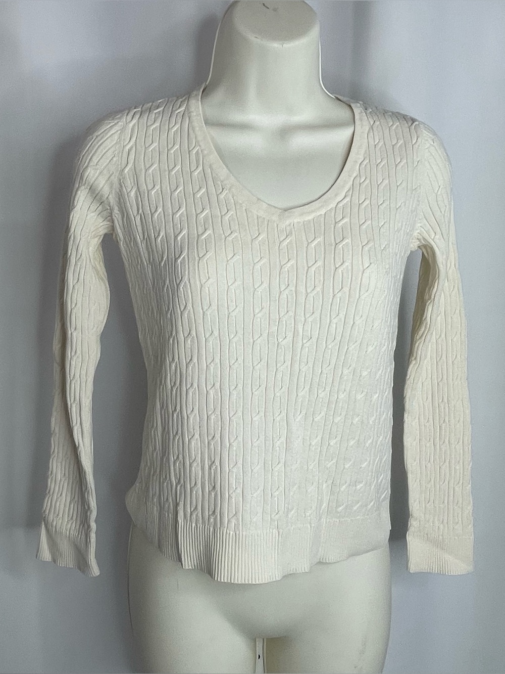 Talbots Petites P Pima Cotton Cable Knit V Neck Sweater Ivory Cream Preppy